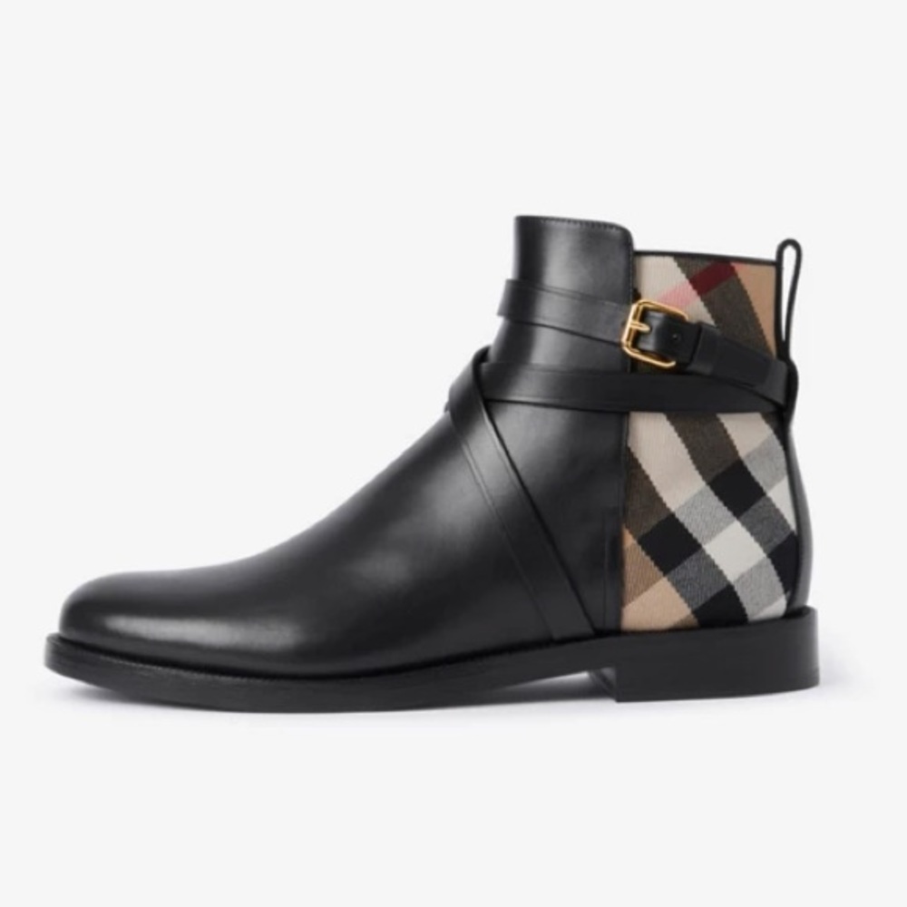 Authentic Burberry House Check and Leather Ankle Boots Size 37